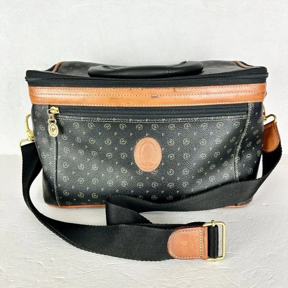 Pollini Vintage Leather Monogram Vanity Case Travel Toiletry Carry On Cosmetic